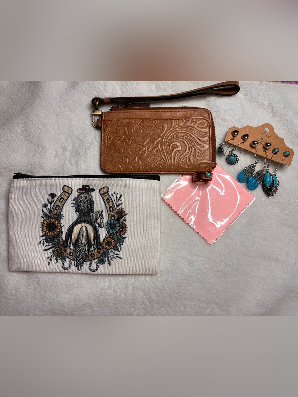 Tooled Brown Leather Wristlet Wallet